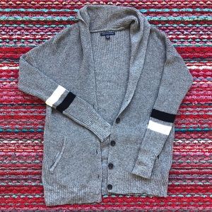 Grey Knit Cardigan with Striped Sleave